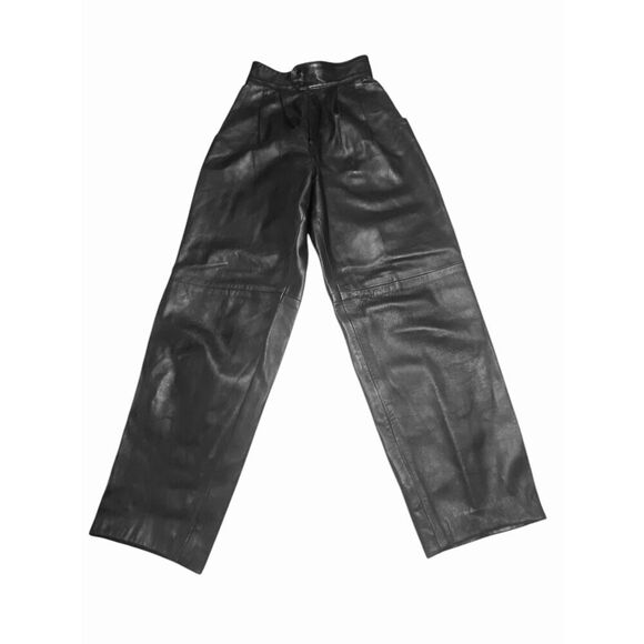 Liz Roberts Robert Elliot Vintage Womens Black Leather Pleated Trouser Pants 8 - Picture 1 of 5